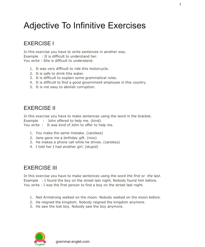 Adjective to Infinitive Exercises with Answers